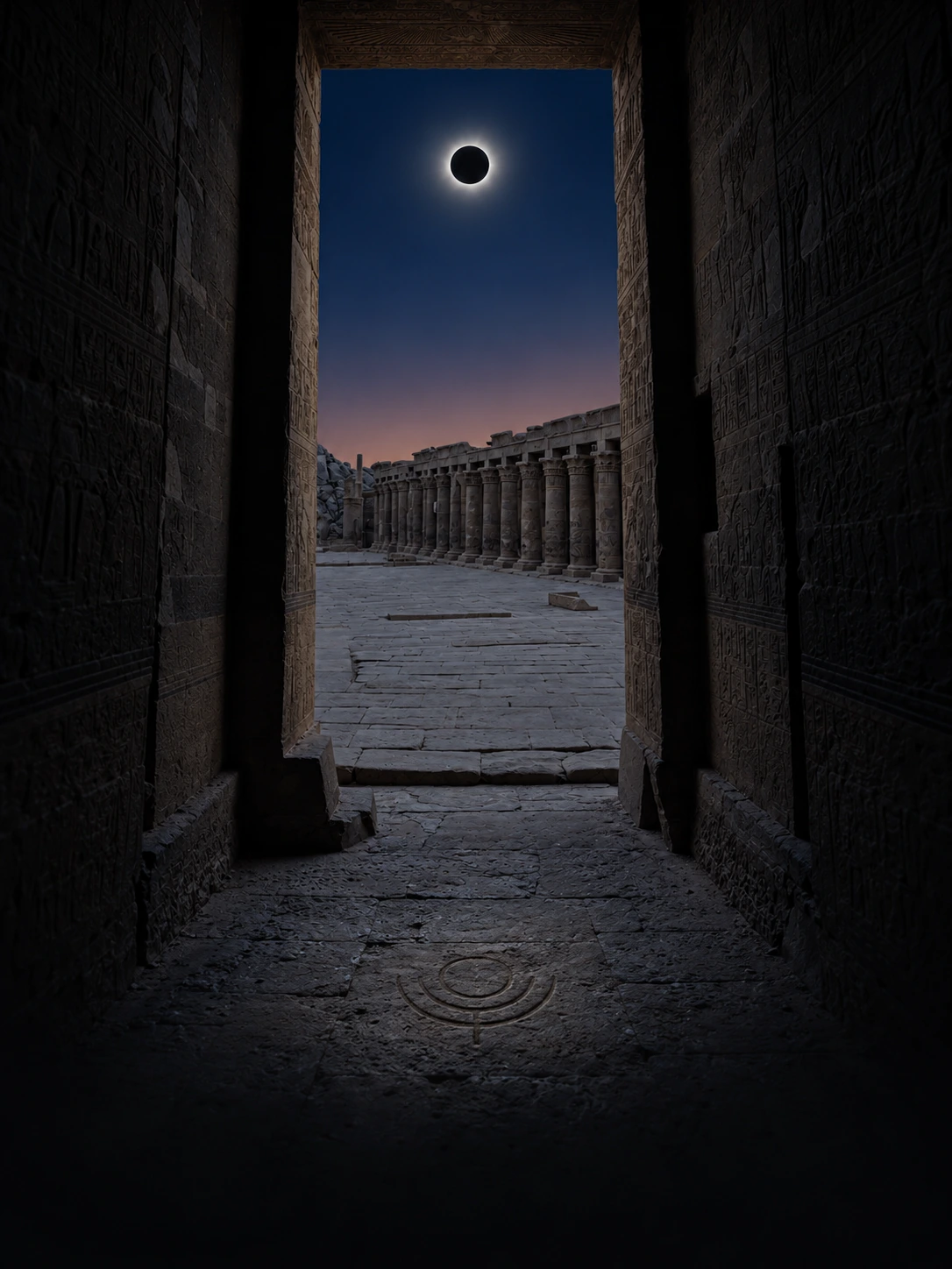 An imagined eclipse beyond an ancient Egyptian passageway